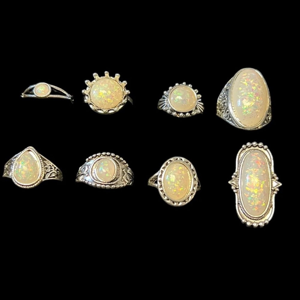 Lot Of 8 Faux Opal Silver Toned Rings Mixed Sizes New !